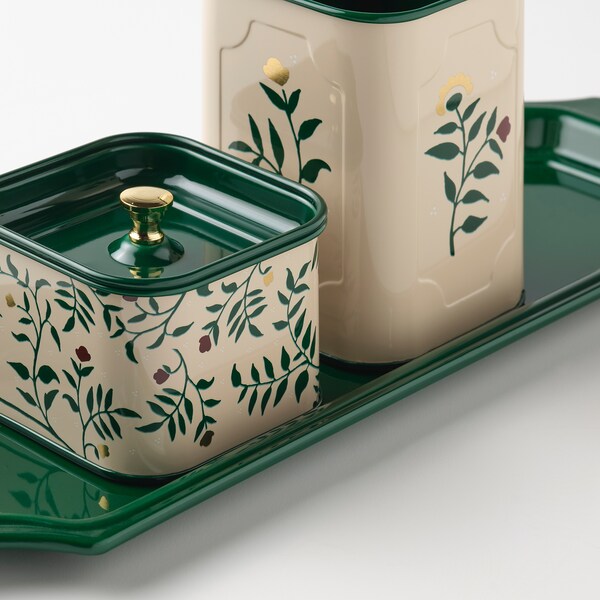Anilinare 4 Piece Desk Organiser Set Beige Green Floral Patterned Metal Ikea