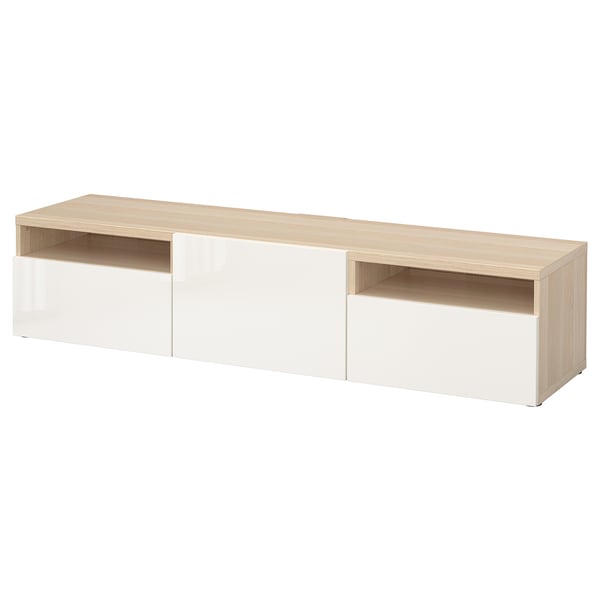 Besta Tv Bench White Stained Oak Effect Selsviken High Gloss White Ikea
