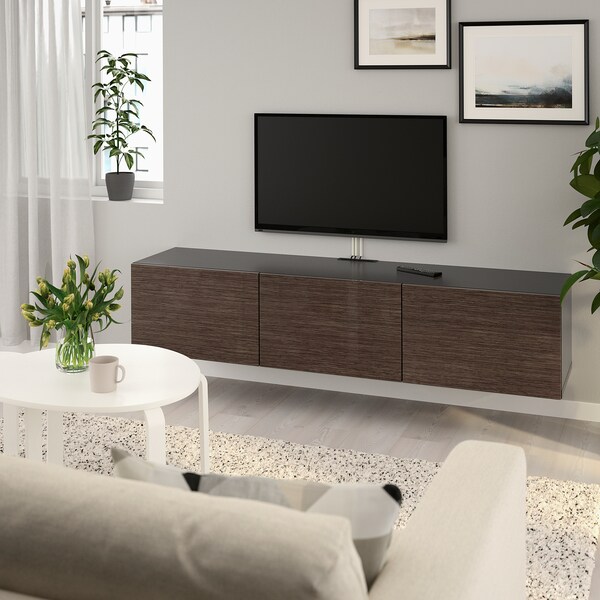Besta Tv Bench With Doors Black Brown Selsviken High Gloss