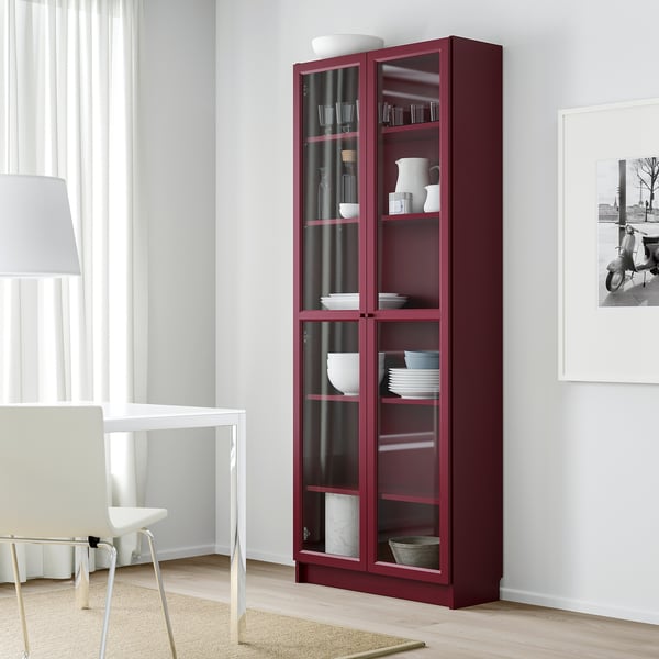 Billy Bookcase With Glass Doors Dark Red Ikea