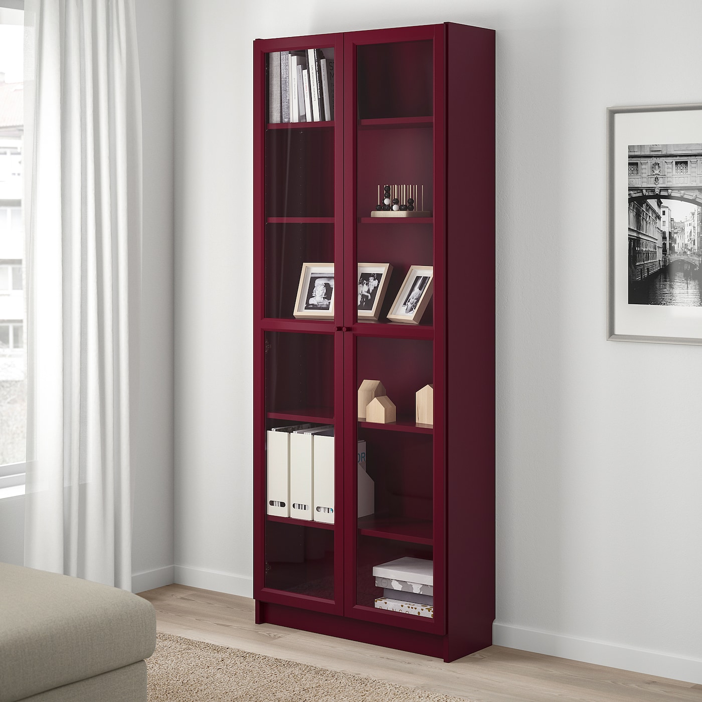 Billy Bookcase With Glass Doors Dark Red Ikea