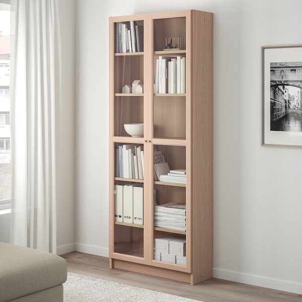 Billy Oxberg Bookcase With Glass Door White Stained Oak Veneer Glass Ikea