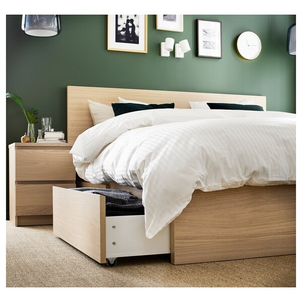 Malm Bed Frame High W 4 Storage Boxes White Stained Oak Veneer Luroy Ikea