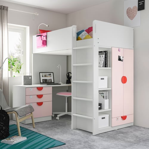 SMÅSTAD loft bed white pale pink/with desk with 4 drawers 094.354.99 IKEA