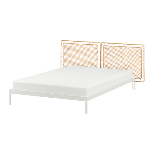 VEVELSTAD bed frame with 2 headboards white/Tolkning rattan IKEA