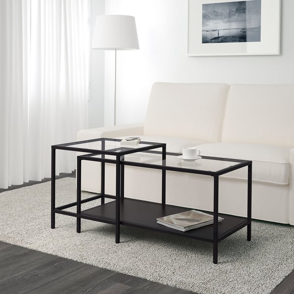 VITTSJÖ Nest of table, set 2, black-brown / glass, 90x50 cm