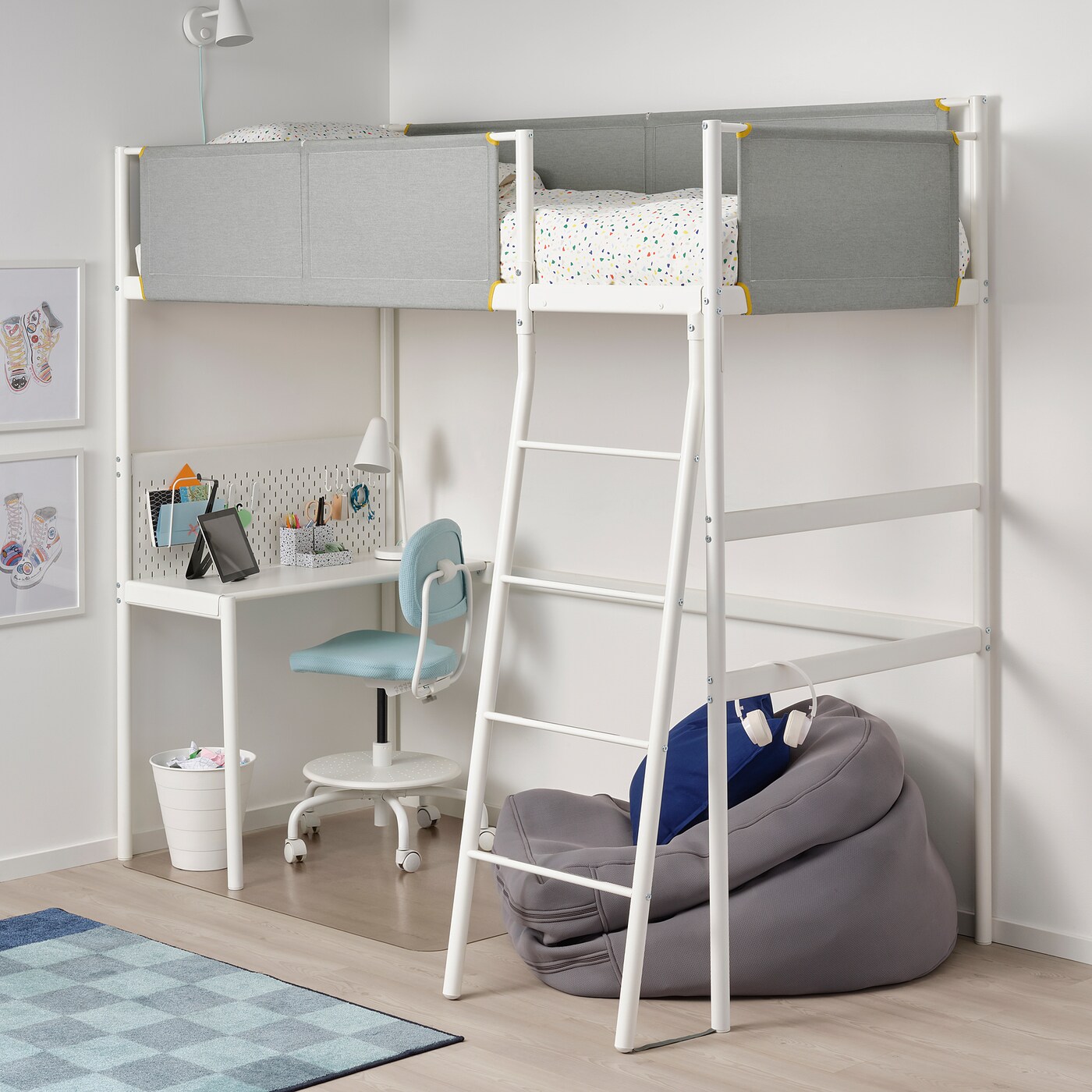 grey bunk bed with desk