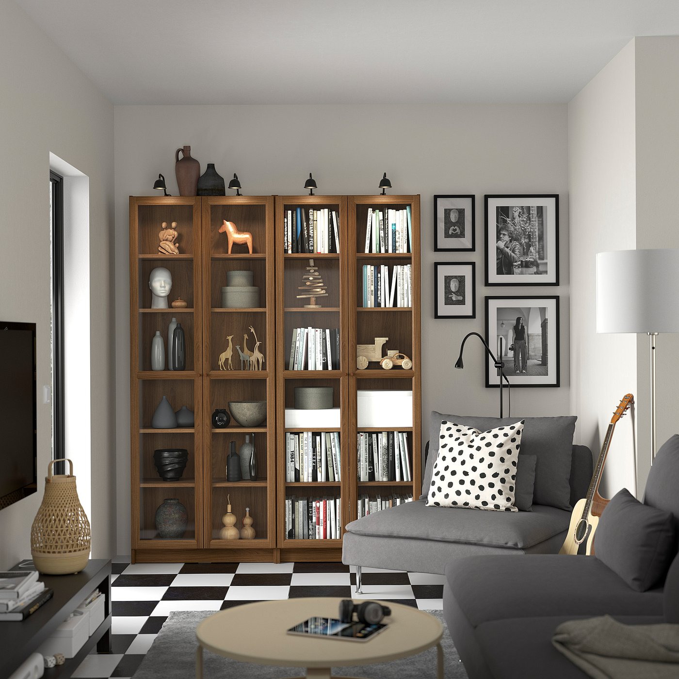 billy 毕利 / oxberg 奥克伯 带玻璃门书柜组合 褐色 胡桃木纹 - ikea