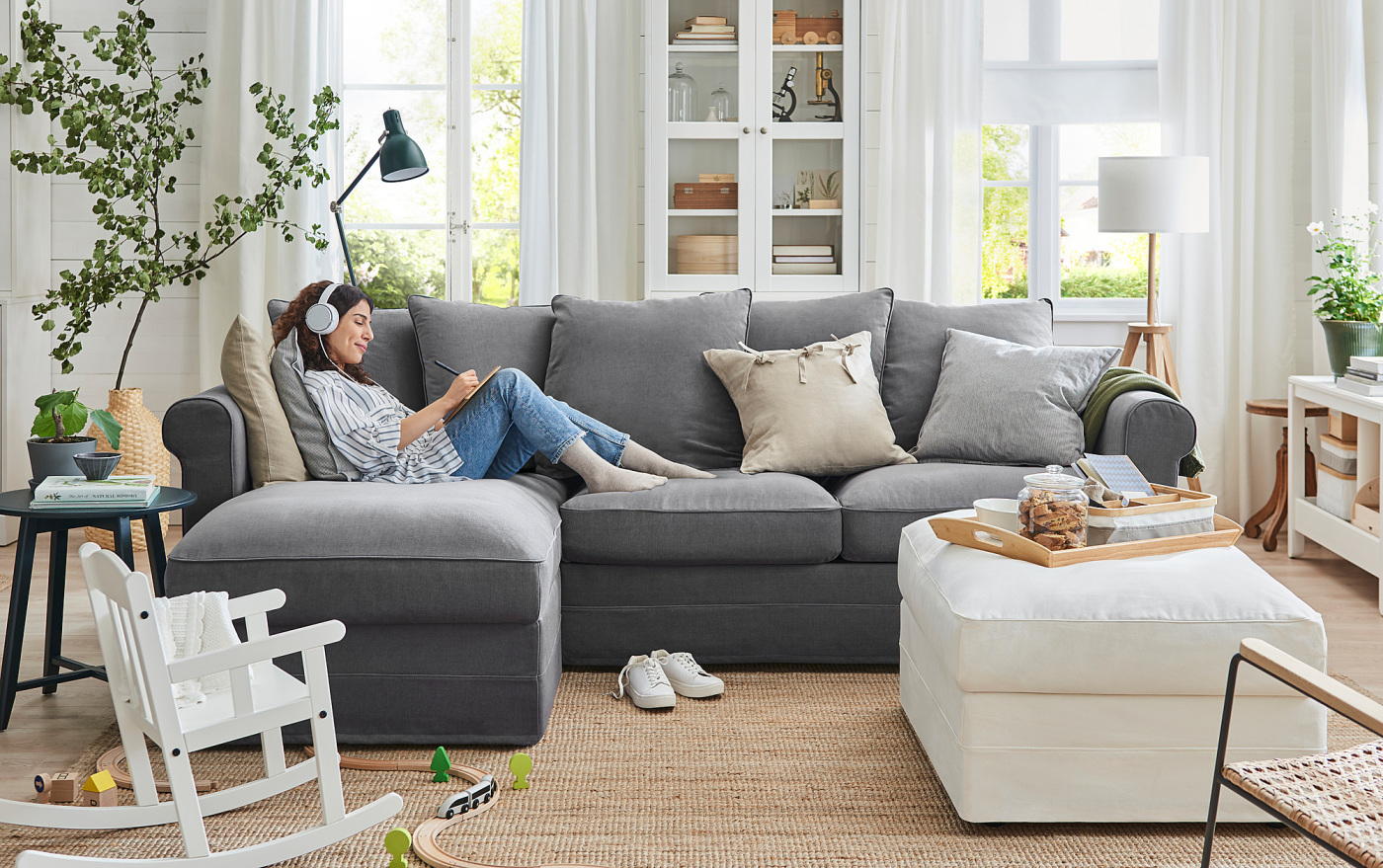 IKEA GRÖNLID グローンリード カウチソファ 収納付 113120-1 GRÖNLID 3-seat sofa with chaise longue Ljungen medium grey - IKEA