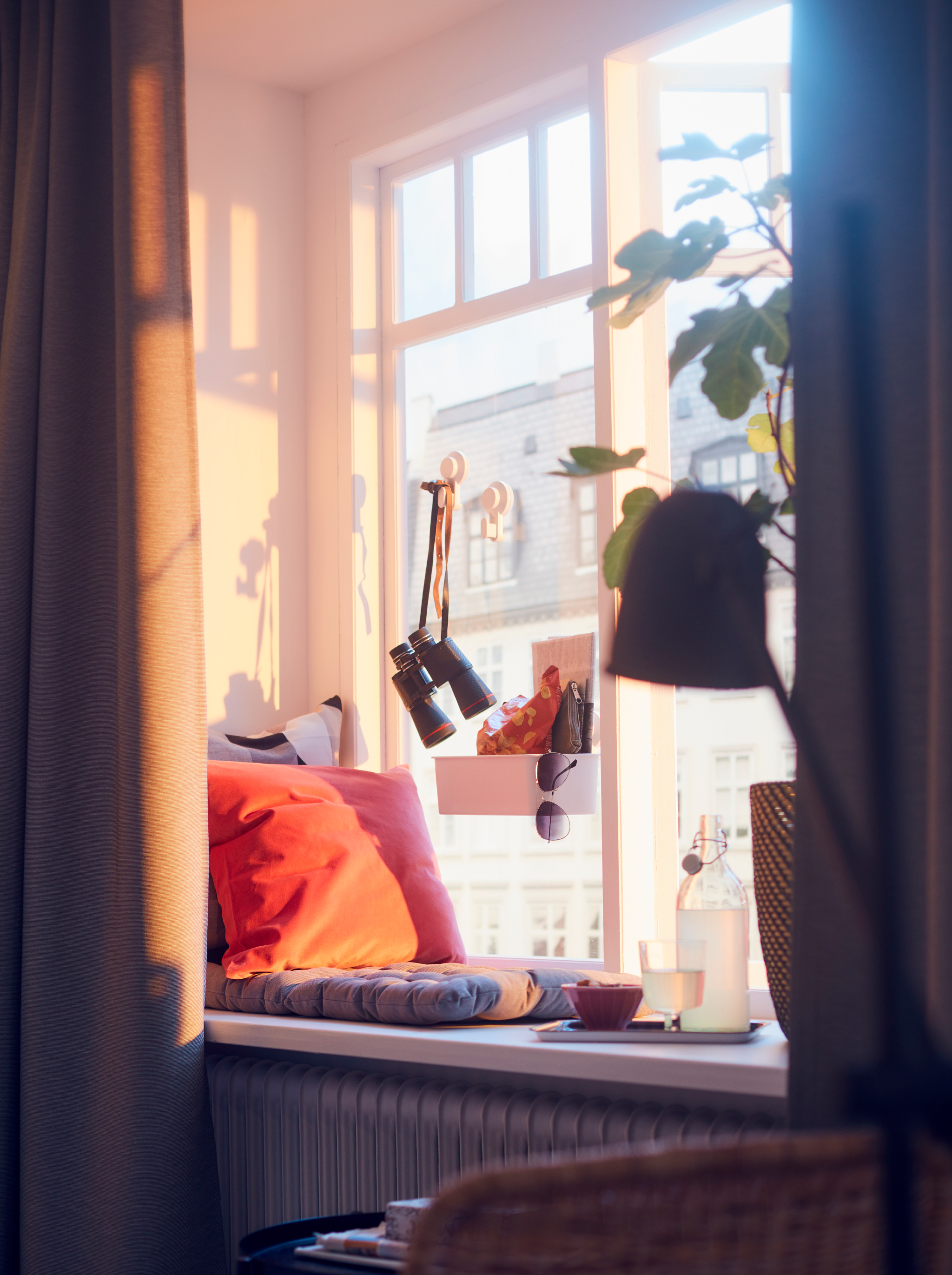 窗台上放着 vipp02rt 威帕特 椅垫,装着茶点的托盘和大型植物.