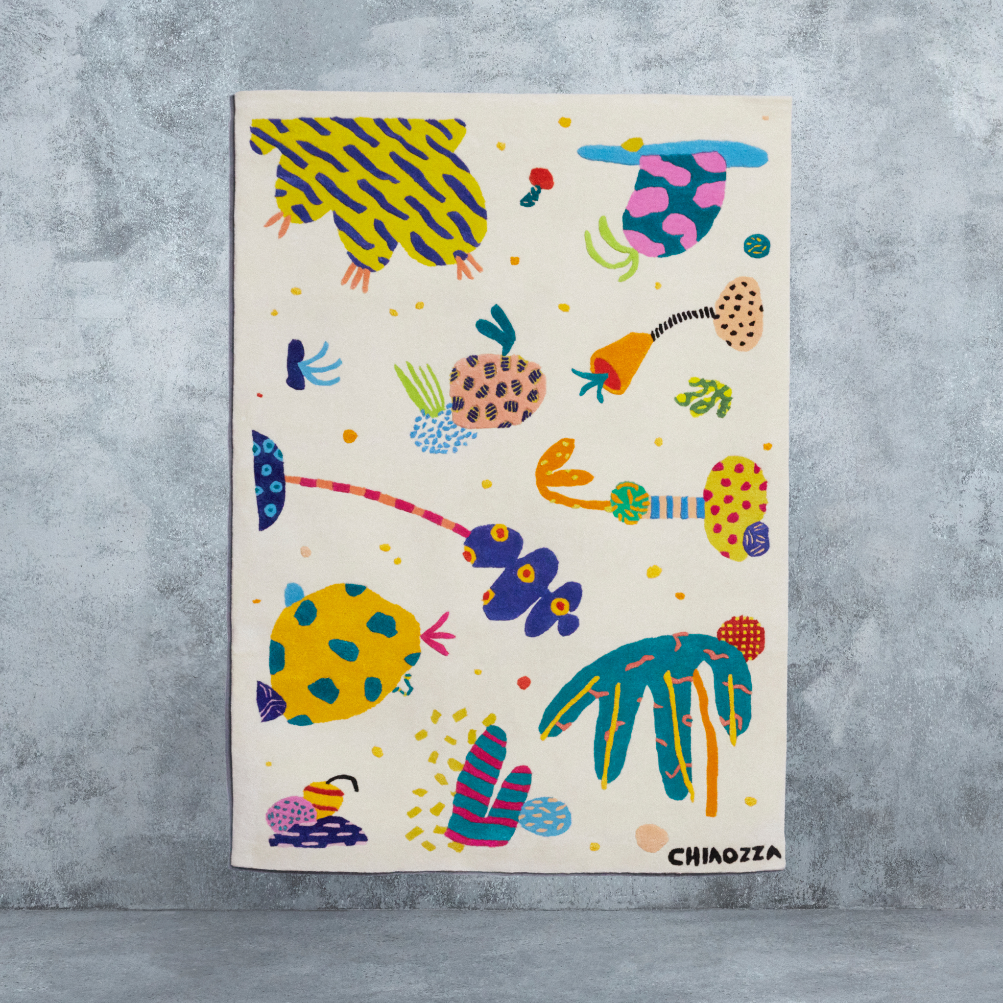 A beige rug with colourful and playful plants woven on it, designed by Chiaozza for IKEA ART EVENT 2019.