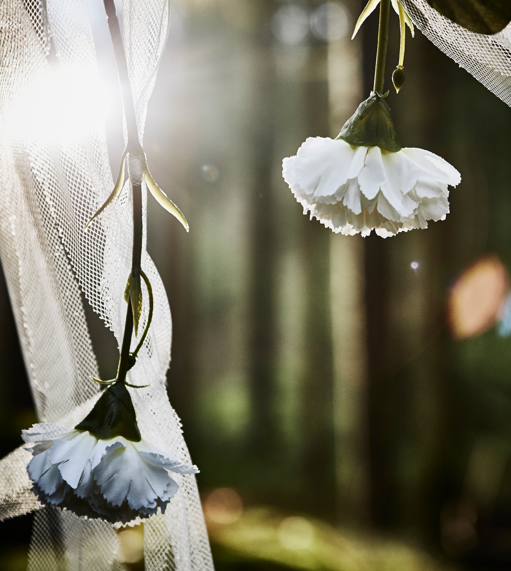 A close-up of fake white flowers and strips of lacy curtains hanging from a pole for a DIY wedding photobooth