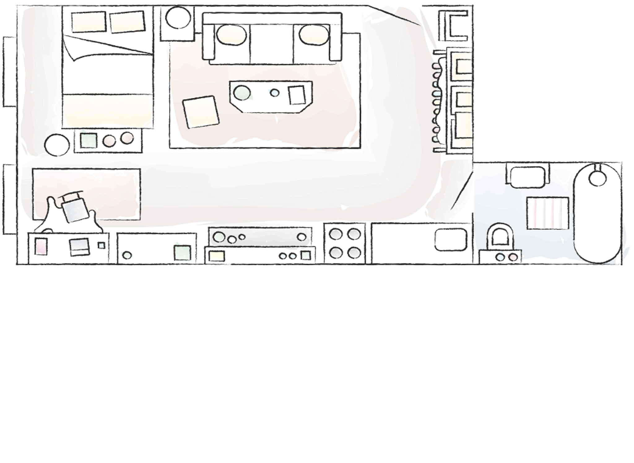A floorplan of Dria’s compact home.