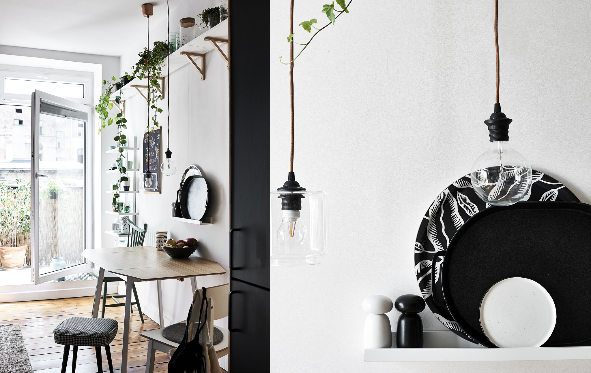A kitchen table with plants on a shelf above, and a close-up of monochrome trays on a shelf and filament bulbs.