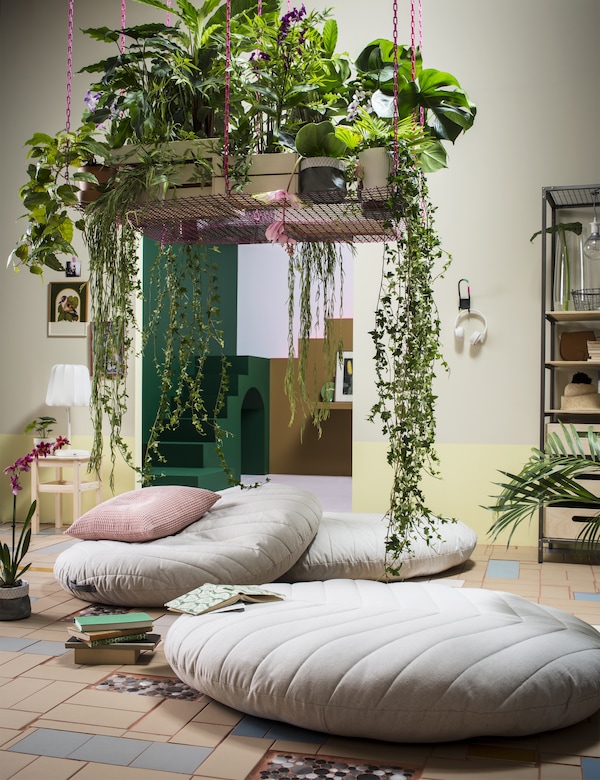 A living room with three large floor cushions in beige cover, above the cushions a hanging shelf with various green plants.