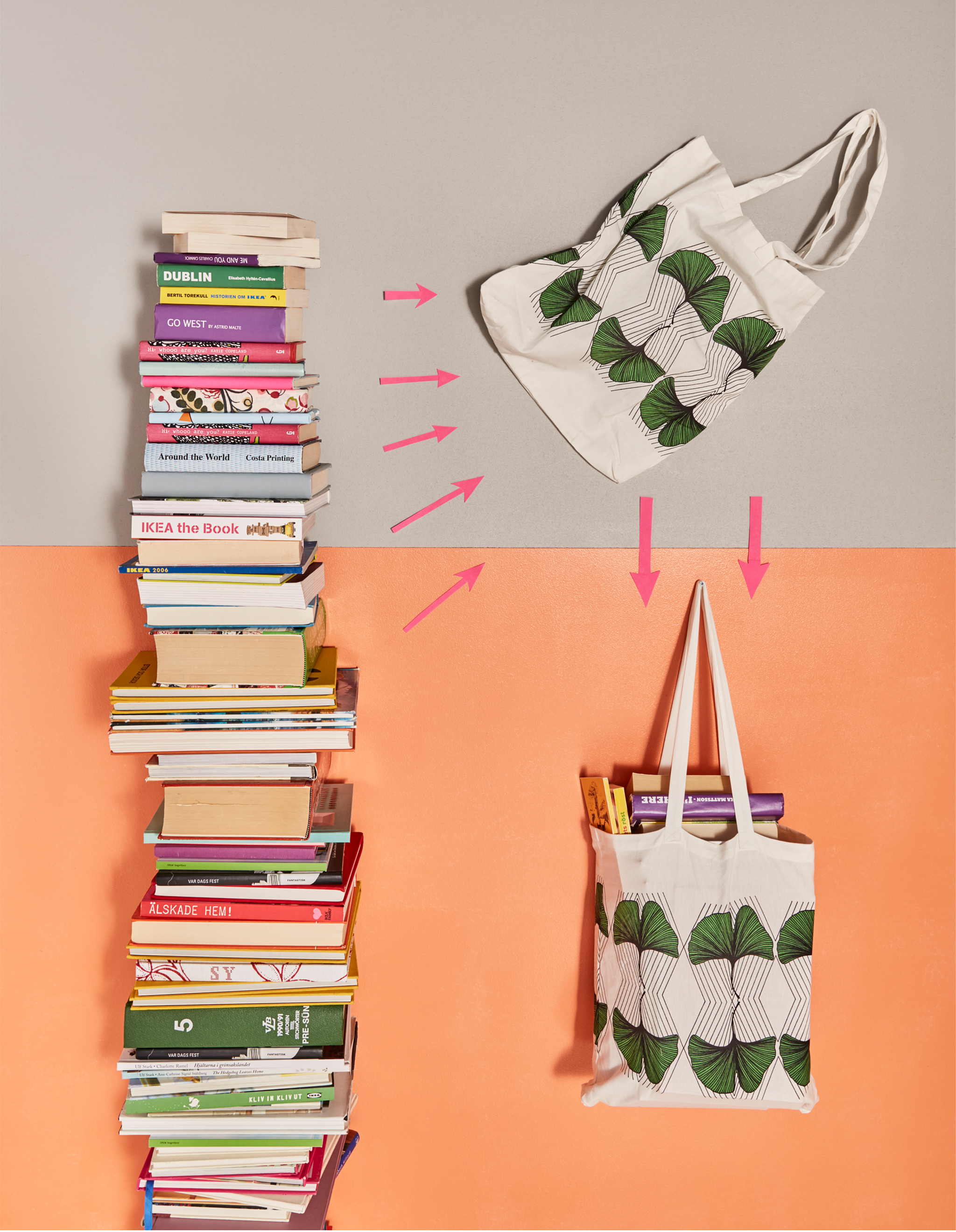 Books being packed into a fabric bag