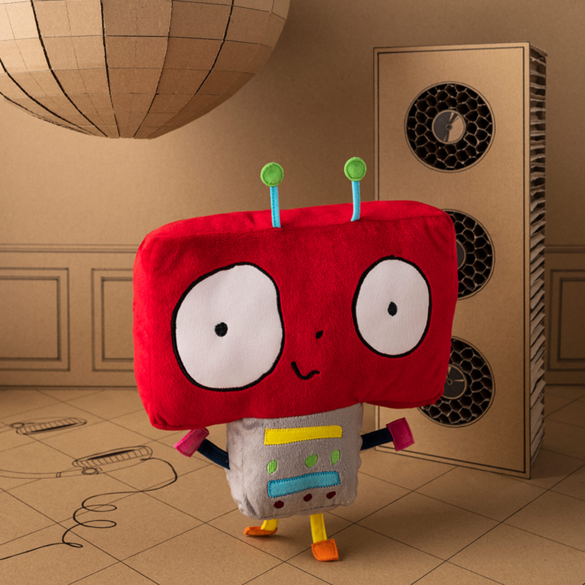 索古斯卡 毛绒玩具:一个脑袋为红色且又大又方的表演机器人正头顶天线