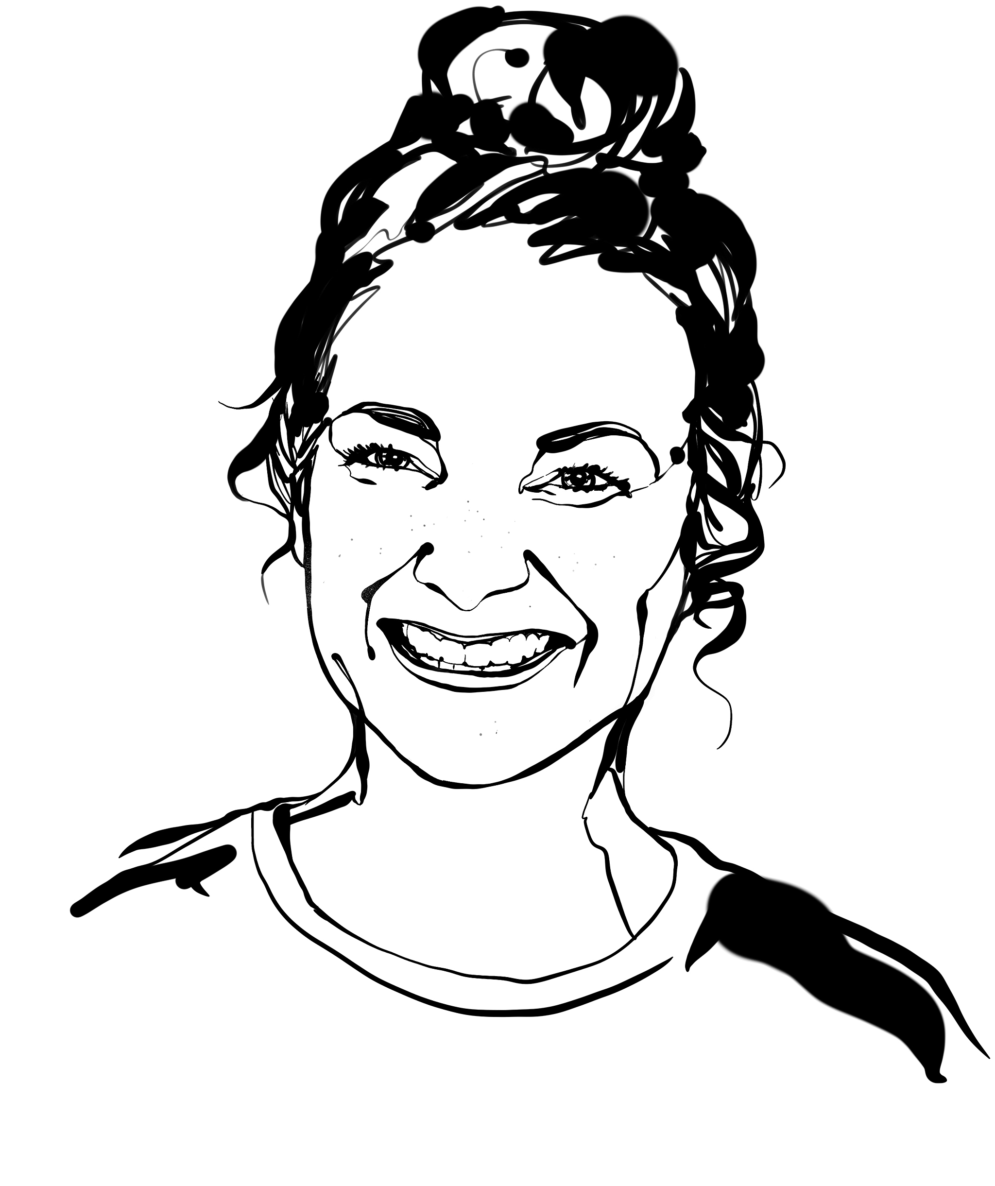Head-and-neck, black-and-white sketch of interior designer Sara Zetterström; smile, long hair worn up in a high bun.