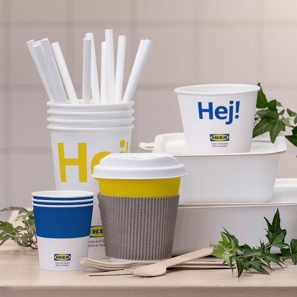 IKEA food containers, cups, straws and cutlery made from 100% renewable materials.