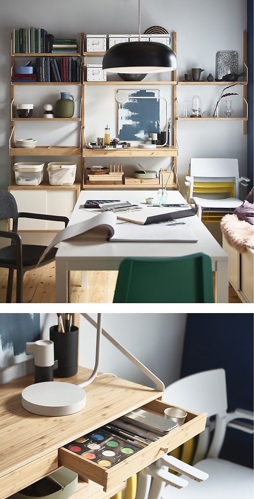 IKEA VANGSTA extendable table and SVALNÄS shelves make a great pair for home organisation. Customise the shelves to fit your needs and have easy access to essential items.