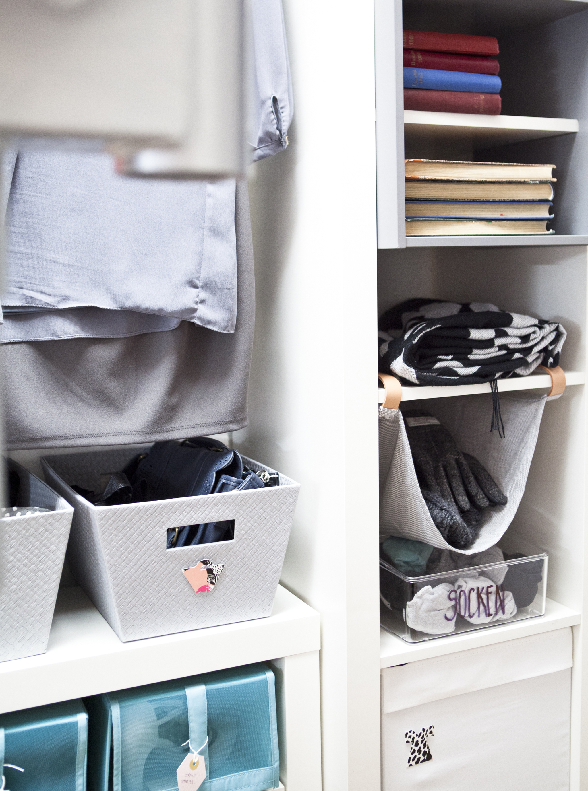 Inserts, shelves and boxes inside a wardrobe.