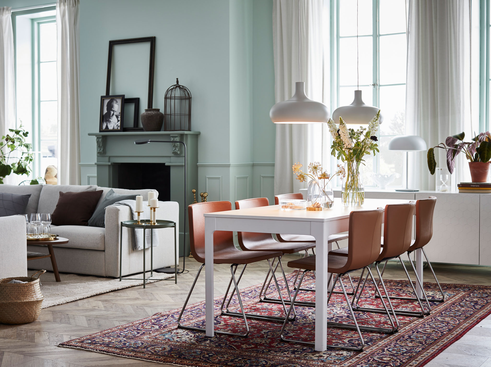 Live in luxury, but at an affordable price. IKEA EKEDALEN white extendable table and BERNHARD brown leather seats make a modern dining combination.