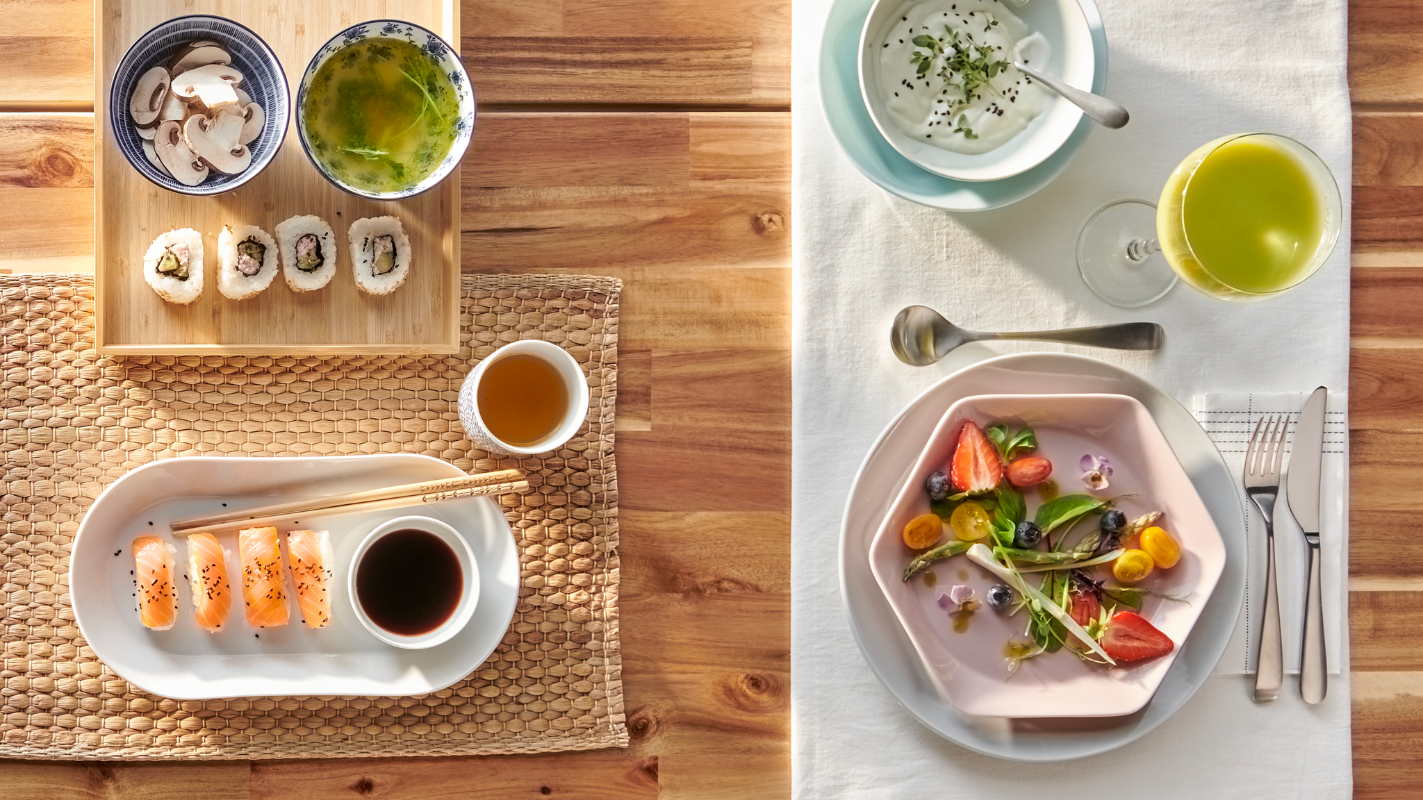 One table made in two ways, one for sushi with a white, oval plate and the other for a salad with a pink hexagonal plate.