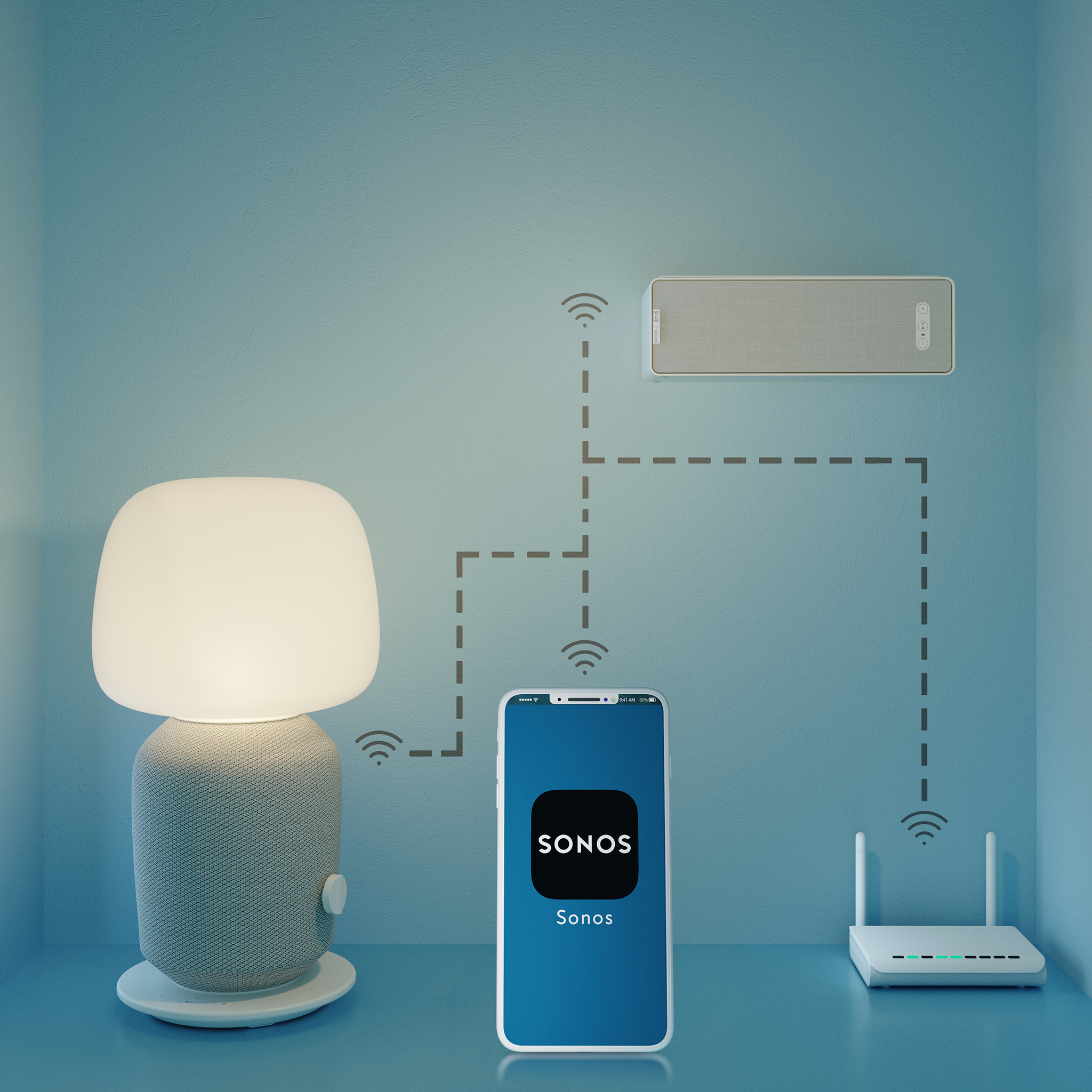 Overview to show the wireless connection between Sonos app and SYMFONISK table lamp WiFi speaker and bookshelf speaker.