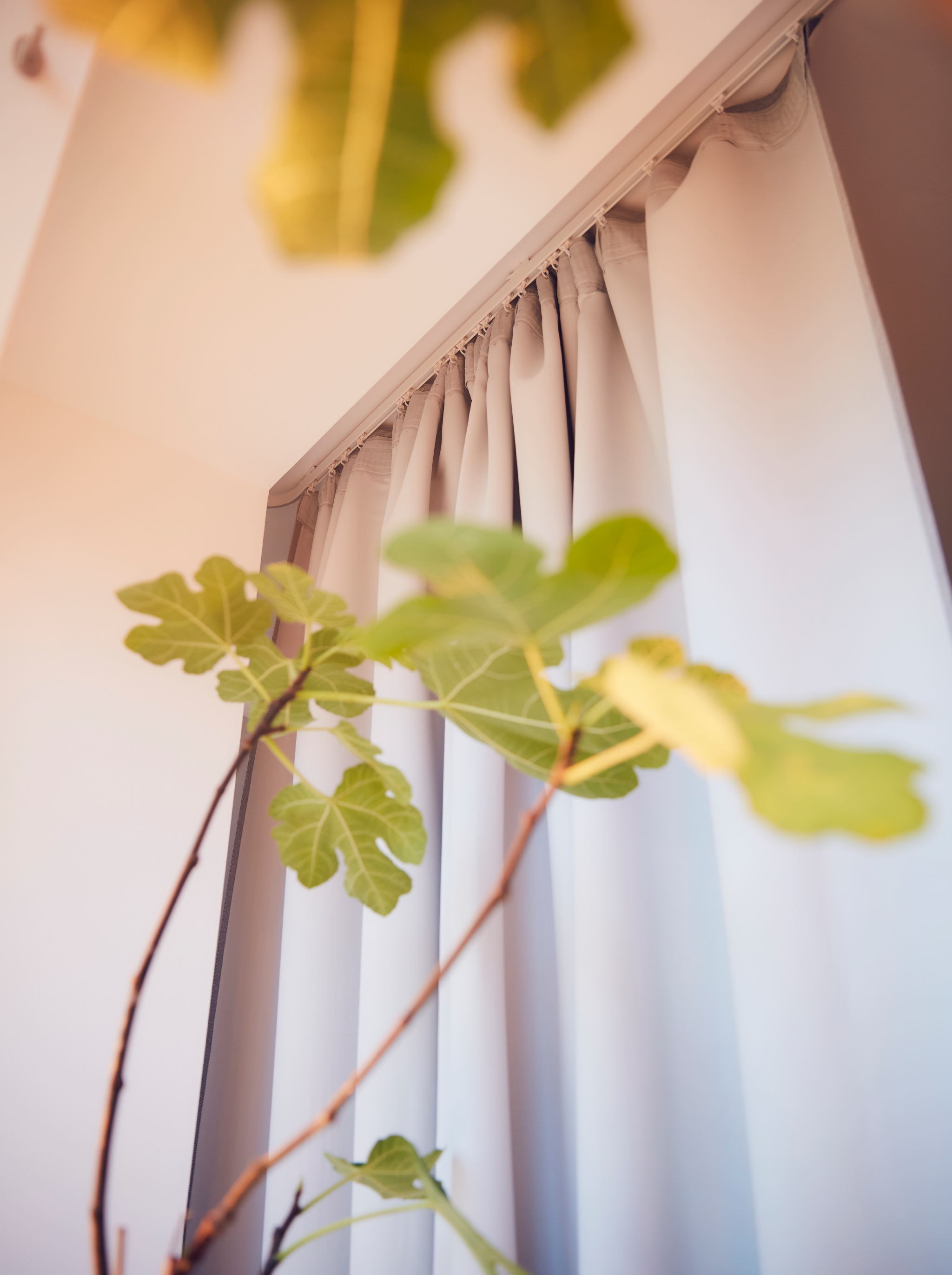 The upper parts of an alcove formed by a deep window sill, sectioned off from the room with VILBORG room-darkening curtains.