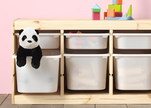 TROFAST toy storage series boxes with a toy panda.