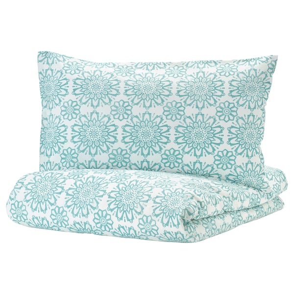 ÄNGSSALVIA Quilt cover and 2 pillowcases, white/turquoise, 240x220/50x80 cm