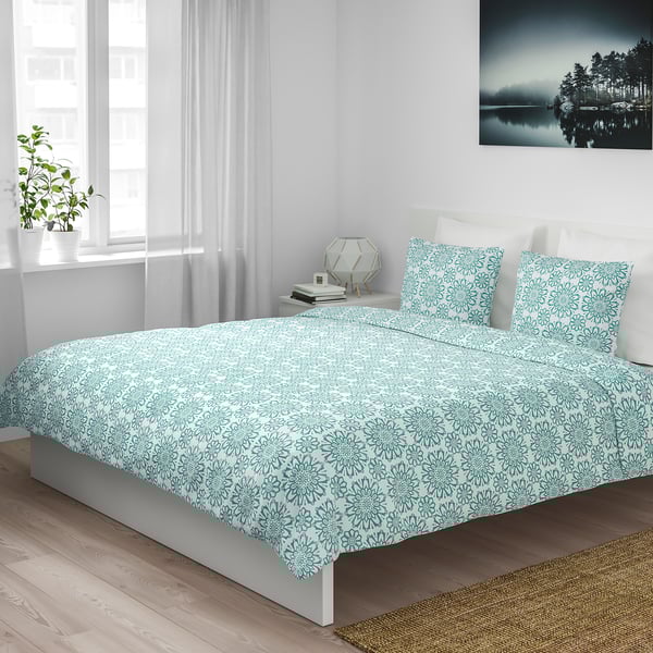 ÄNGSSALVIA Quilt cover and 2 pillowcases, white/turquoise, 240x220/50x80 cm