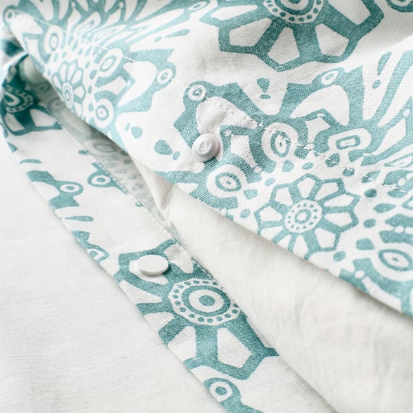 ÄNGSSALVIA Quilt cover and 2 pillowcases, white/turquoise, 240x220/50x80 cm