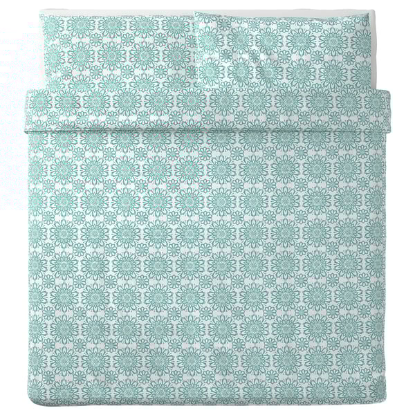 ÄNGSSALVIA Quilt cover and 2 pillowcases, white/turquoise, 240x220/50x80 cm