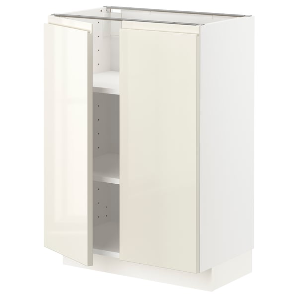 METOD Base cabinet with shelves/2 doors, white/Voxtorp high-gloss light beige, 60x37x80 cm