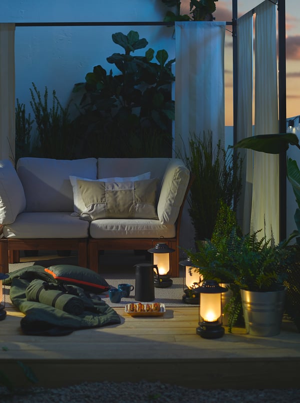 ÄPPLARÖ 2-seat modular sofa, outdoor, brown stained/Frösön/Duvholmen beige, 160x80x84 cm
