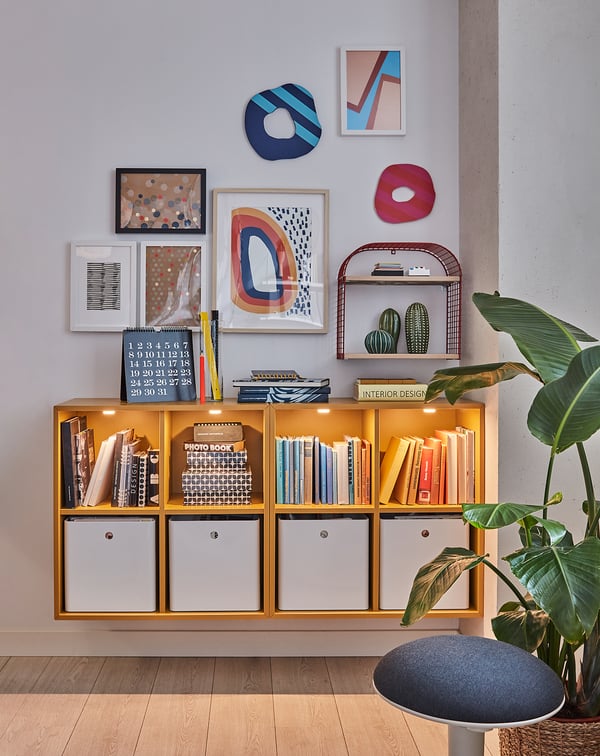 EKET Wall-mounted shelving unit w 4 comp, golden-brown, 70x35x70 cm